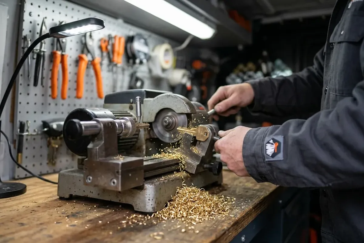 Close-up of a key being cut on the in-van machine, brass shavings visible