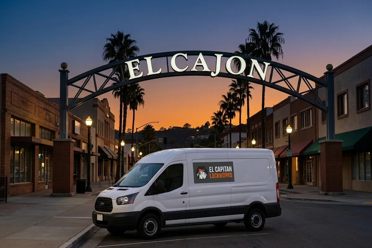 The El Cajon Arch over Main Street at dusk, sign lit, the marked van parked below