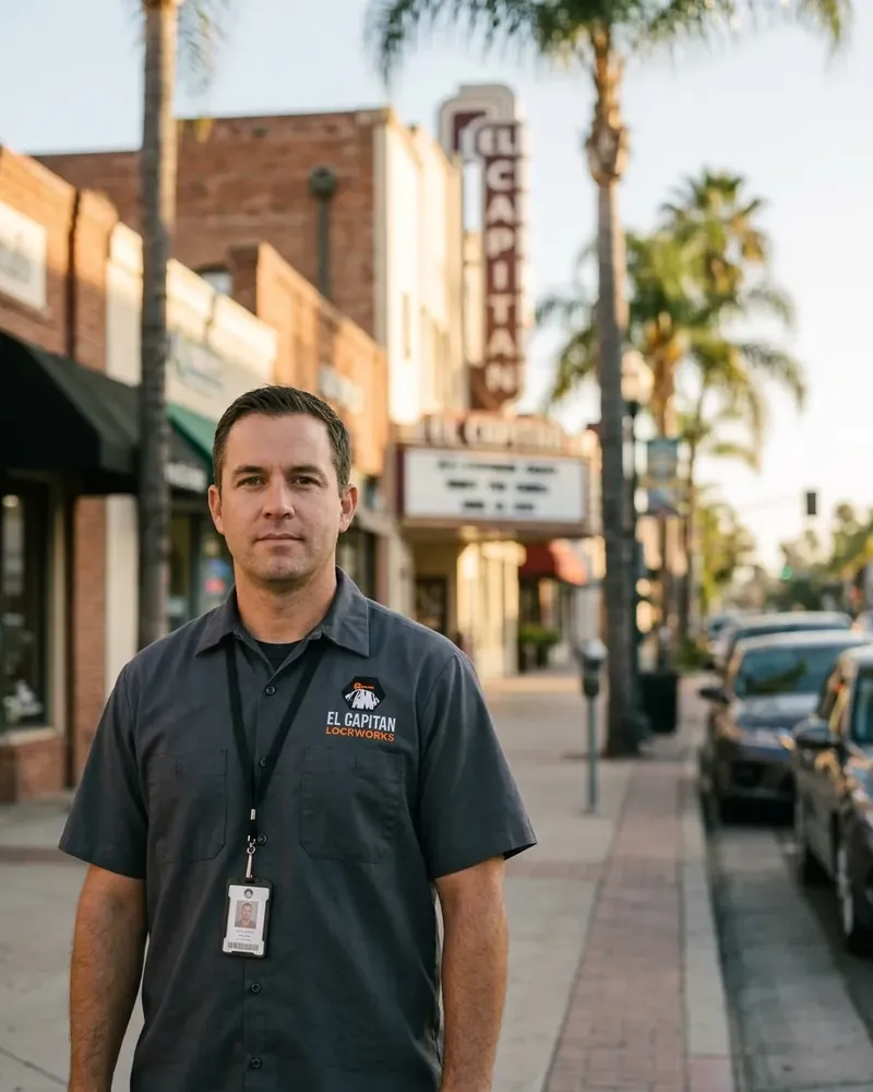 Owner portrait on Main Street with The Magnolia marquee behind, BSIS ID on the lanyard
