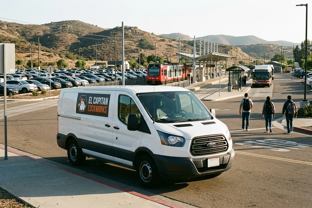 The marked van pulling into the El Cajon Transit Center park-and-ride on Marshall Avenue during the morning commute