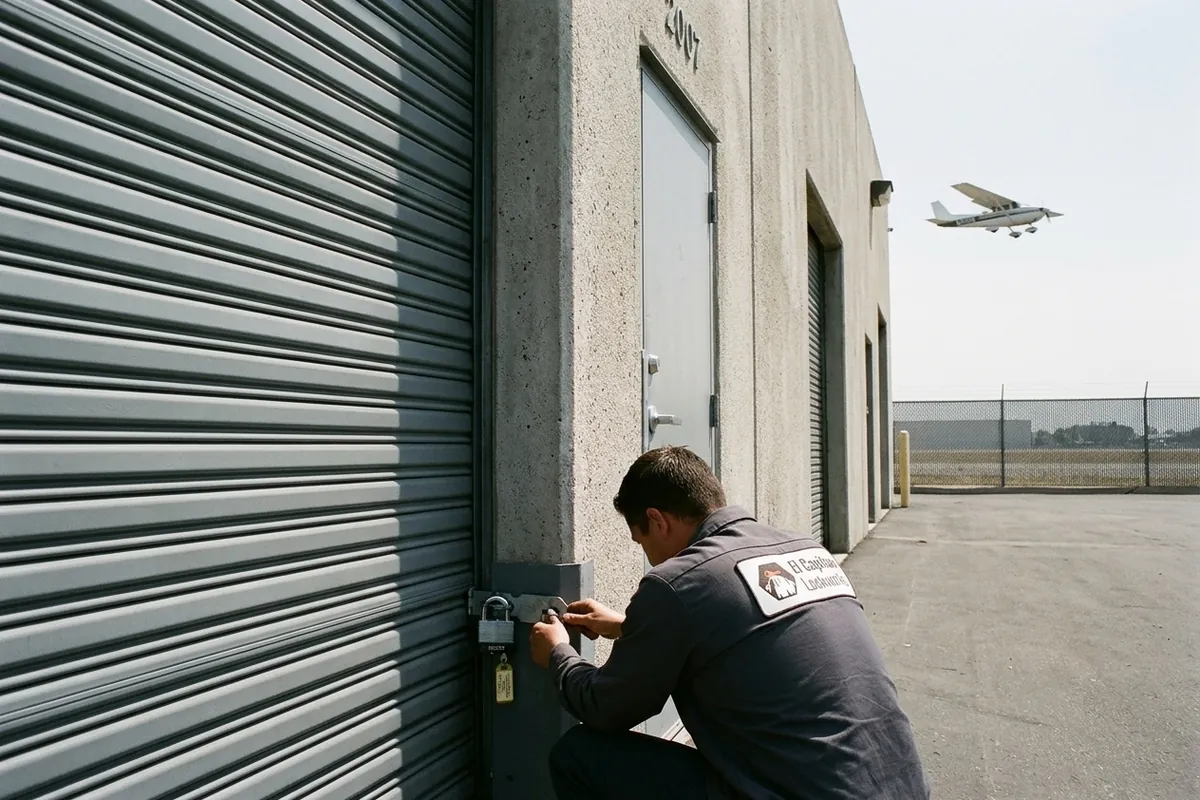 Roll-up door and shrouded padlock on a light-industrial unit on Fletcher Parkway near Gillespie Field